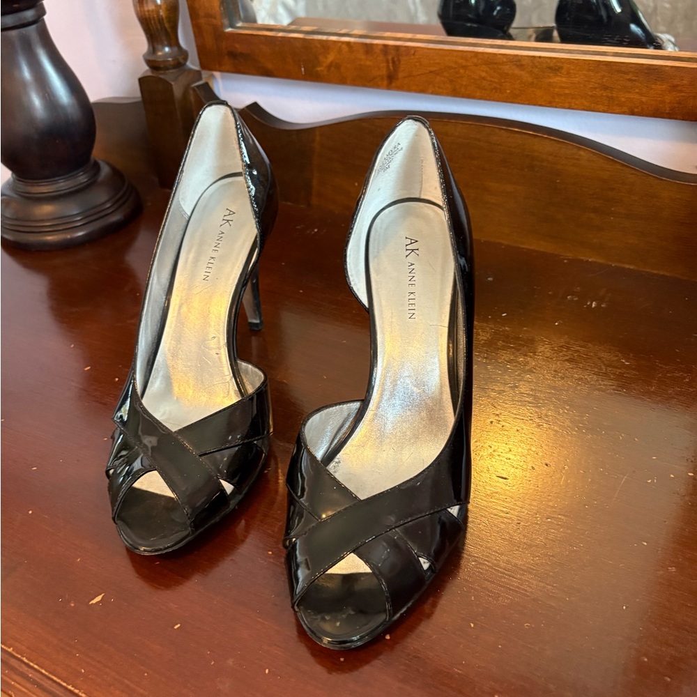 Anne Klein Glossy Black Peep-Toe Heels